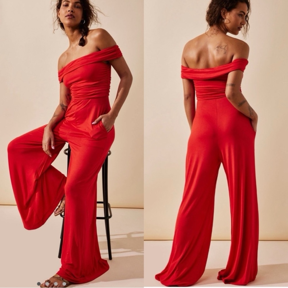 Free People Beach Kenna Red Off the Shoulder Wide Leg Jumpsuit